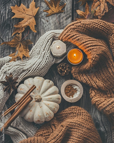 Cozy autumn flat lay with pumpkin and candles