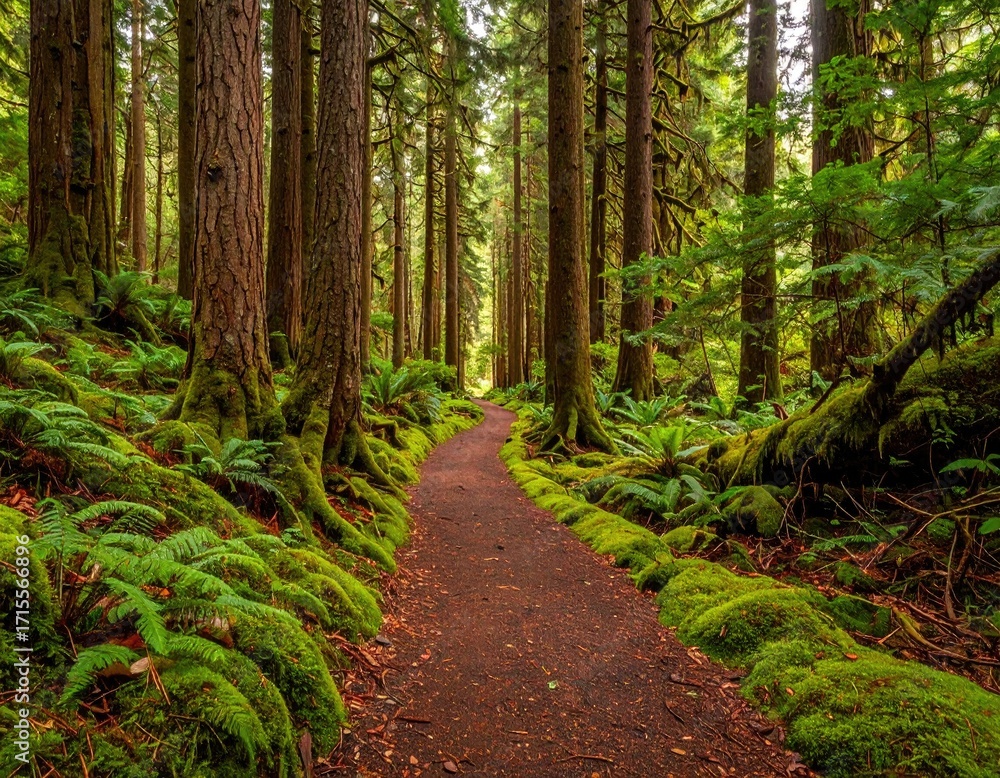 Fototapeta premium A winding path meanders through a lush, mossy forest, bathed in the soft light filtering through towering trees.