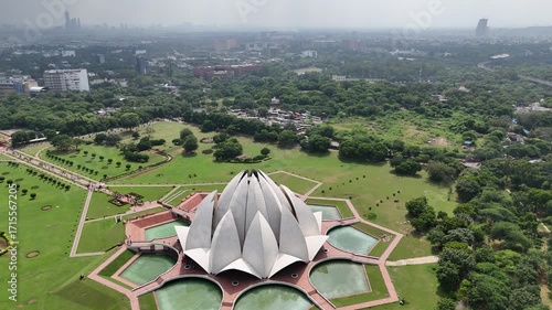 Aerial shot of Lotus Temple Baháʼí House of Worship in New Delhi, India