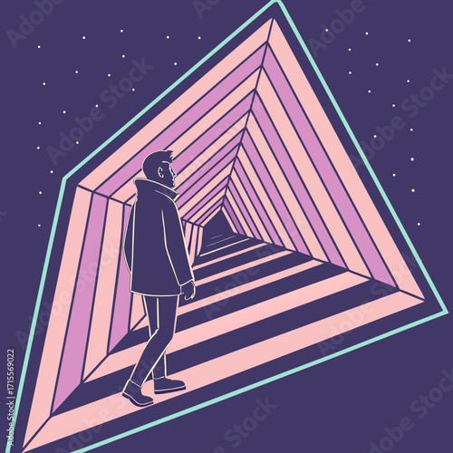 Vector art of a contemplative man stands at the entrance of a geometric tunnel, its pink and purple hues creating a surreal and introspective atmosphere, inviting viewers to ponder the path ahead