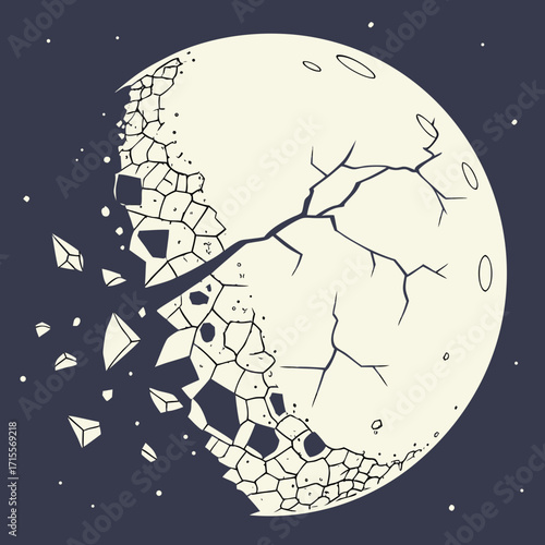 Vector art of a dramatic vector illustration depicting a shattered moon with cracks and debris, set against a dark background, conveying a sense of destruction and cosmic fragmentation