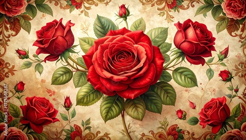 A rich floral design showcases vibrant red roses in a vintage-inspired composition.