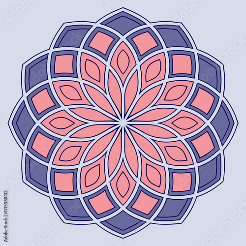Vector art of a geometric flower of life pattern in pink and purple on a light blue background creates a visually appealing and harmonious design with a sense of balance and unity