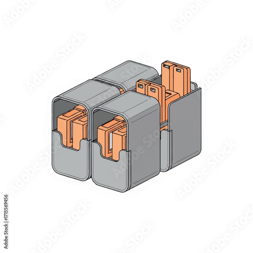 Isometric view of a gray electrical connector with exposed orange internal components against a white background.