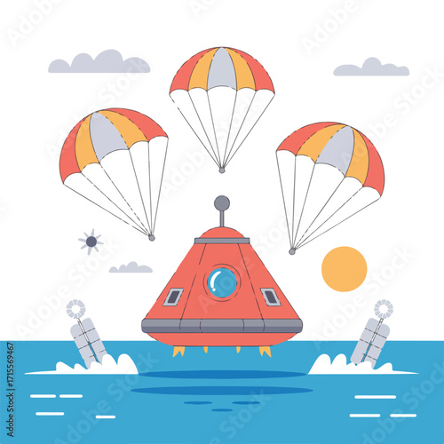Space capsule landing in the ocean with parachutes