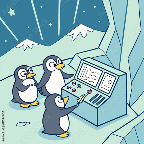 Vector art of a group of penguins are working at a control panel in antarctica, with snowcapped mountains and shooting stars in the background, creating a whimsical and adventurous scene