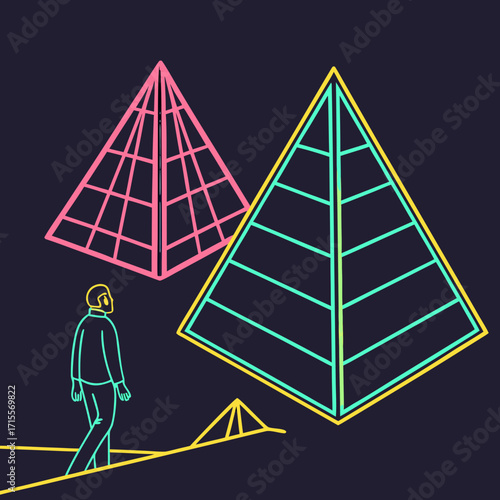 Vector art of a modern vector illustration shows a man walking towards pyramids with neon outlines, set against a dark background, creating a surreal and minimalist design