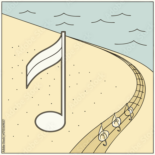 Vector art of a musical journey along the beach, where a giant music note stands tall as a flag, and a path of musical staves leads towards the horizon, blending melody with the sea breeze