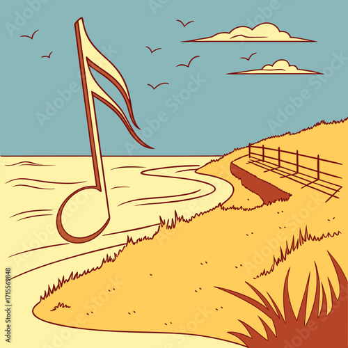 Vector art of a musical note stands tall on the coast, overlooking the sea, with birds flying overhead and a path leading to a fence, blending nature and melody in harmony