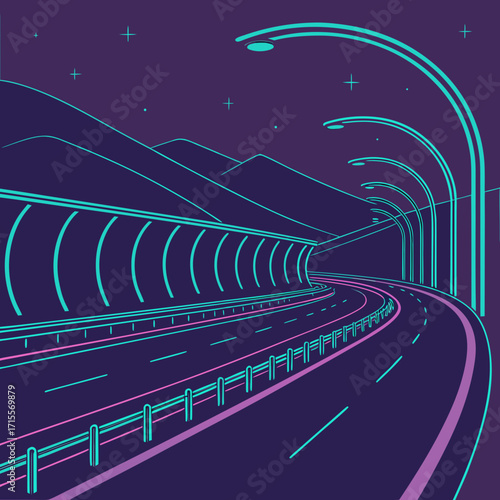 Vector art of a neonlit tunnel curves through a mountainous landscape at night, with streetlights illuminating the highway, creating a futuristic and dynamic travel scene