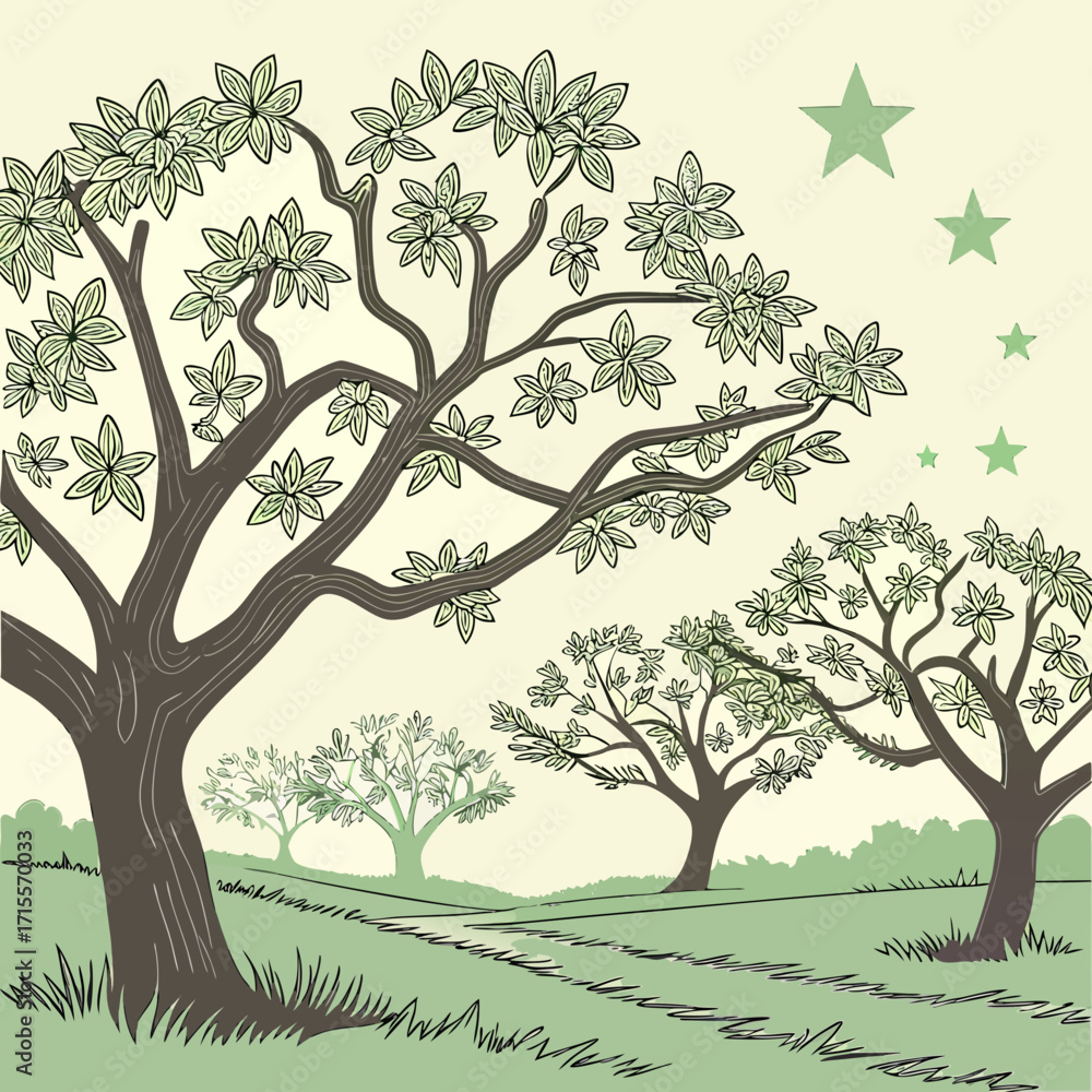 Obraz premium Vector art of a serene landscape featuring stylized trees and stars, evoking a sense of peace, nature, and wonder, perfect for backgrounds, illustrations, and designs with a touch of whimsy