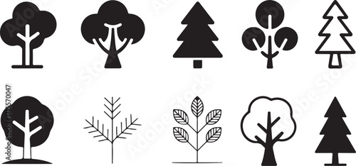 Minimalist Tree Icon Set Vector  10 Black and White Line and Solid Tree Illustrations