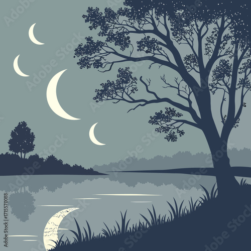 Vector art of a serene night scene unfolds with a silhouette of a tree standing tall against a backdrop of a tranquil lake reflecting the soft glow of crescent moons and twinkling stars above