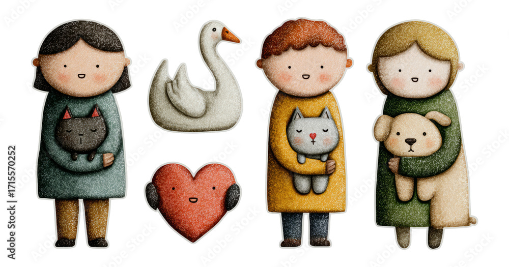 Fototapeta premium Charming Illustrations of Children with Pets and Animals on Transparent Background