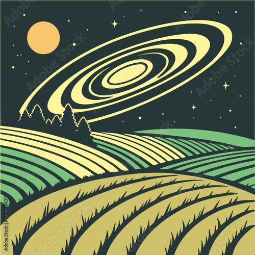 Vector art of a stylized vector landscape featuring rolling hills, a forest, a moonlit sky with stars, and a swirling galaxy, creating a serene and otherworldly scene in a retro style