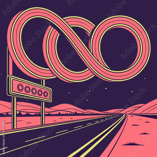 Vector art of a surreal neon landscape features an infinity loop over a desert highway, with a sign and distant mountains under a starry night sky, creating a sense of endless travel