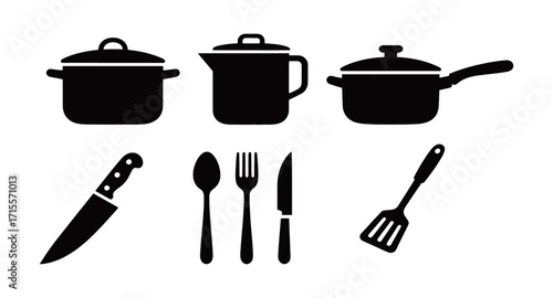 Set of various kitchen utensils and pots silhouettes. Black and white vector icons isolated on a white background.