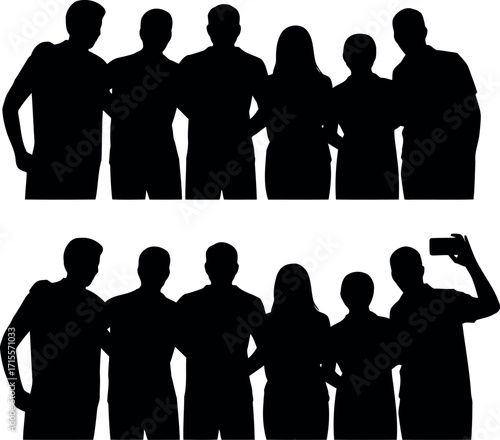 Diverse group silhouettes capturing joyful moment friendship teamwork unity celebration vector