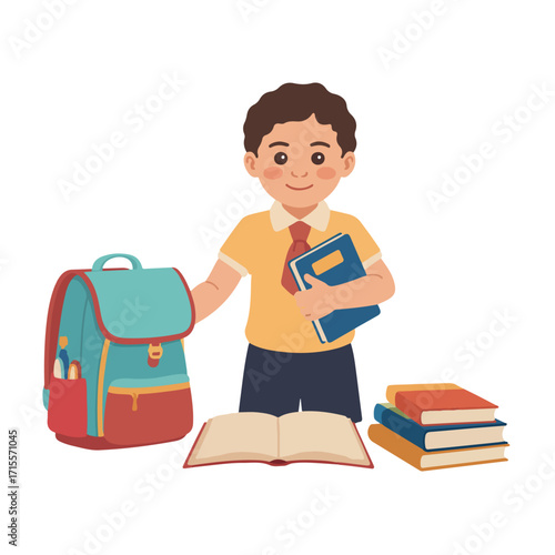 Smiling schoolboy with backpack and open book