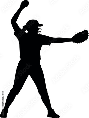 Dynamic silhouette of softball pitcher in action during game throwing fastball vector
