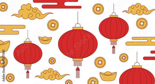 Festive Chinese New Year Pattern with Red Lanterns, Clouds, and Gold Ingots