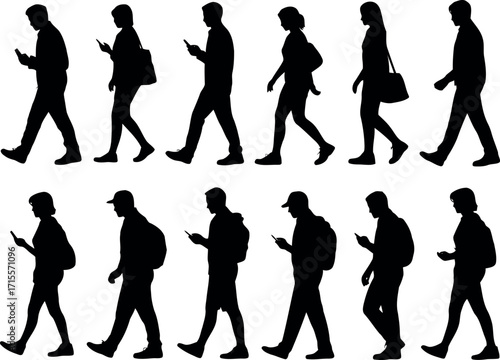 Diverse silhouettes of people walking with smartphones commuting urban street scene casual lifestyle diverse group vector