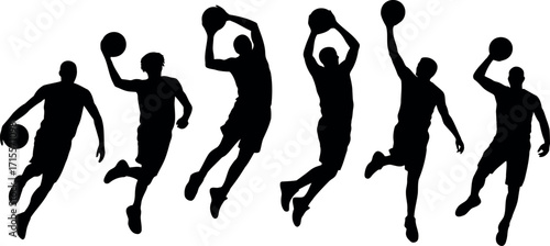 Dynamic basketball players silhouette collection slam dunk action sports illustration vector