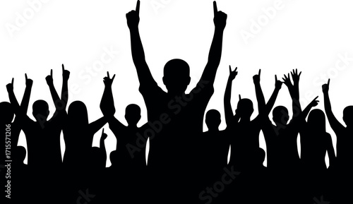 Celebration crowd silhouette hands up excitement cheering success victory joyful event vector