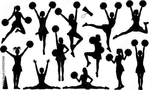 Dynamic silhouette cheerleaders poses action sports team spirit gymnastics performance dynamic motion energy excitement celebration vector