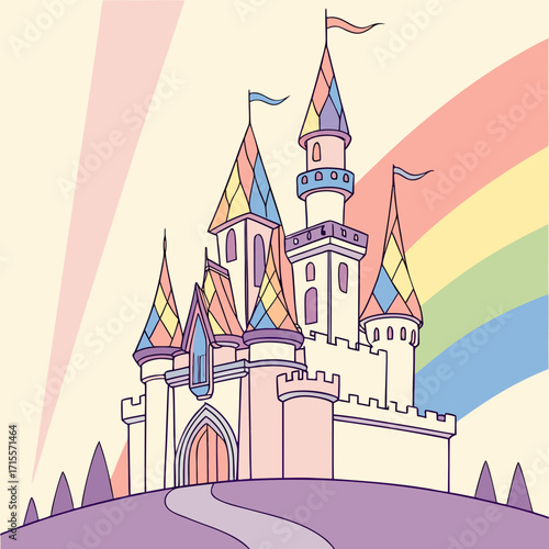 Vector art of a whimsical vector illustration of a pastelcolored fairytale castle with rainbow accents, evoking a sense of magic and wonder, perfect for childrens books and fantasy themes