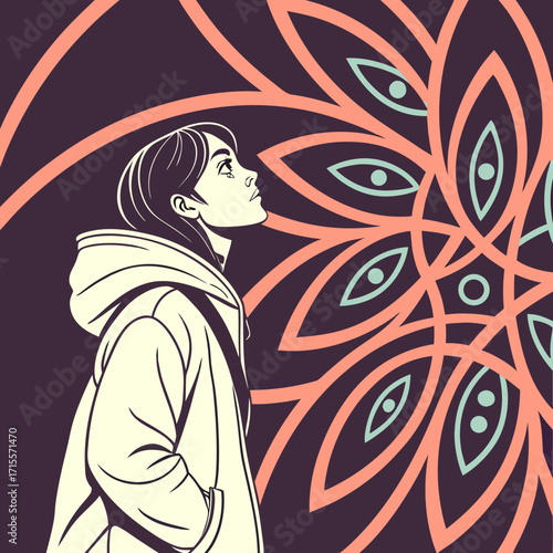 Vector art of a woman gazes up at an abstract floral pattern, contemplating beauty, complexity, and the search for meaning in art and nature, reflecting on inspiration and wonder