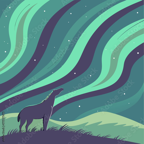 Vector art of a wolf howling under the aurora borealis, with a green and purple sky, stars, and a grassy hill, a vector illustration in a flat style, nature and wildlife