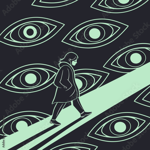 Vector art of a woman in a mask walks on a path under the gaze of many eyes, symbolizing surveillance, anxiety, and the challenges of navigating a world under constant scrutiny and pressure