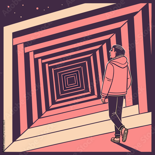 Vector art of an illustration of a man walking into a tunnel with a square pattern, set against a dark background, creating a sense of mystery and the unknown, and a journey