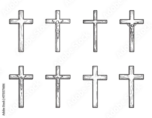 Collection of hand-drawn wooden crucifixes, showcasing different perspectives and details of the religious symbols.