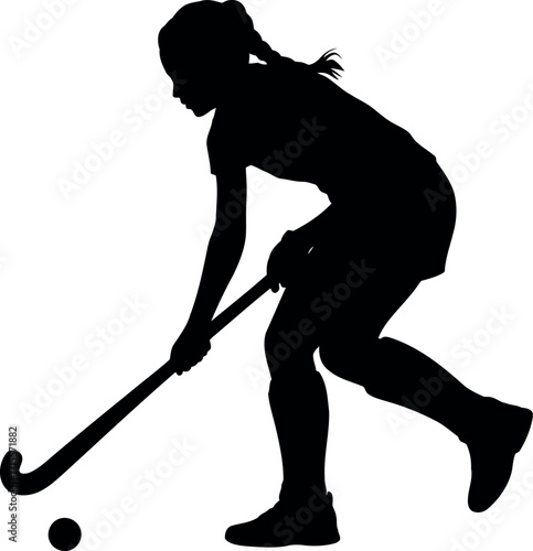 Field hockey player silhouette action dynamic sport female athlete stick ball motion vector