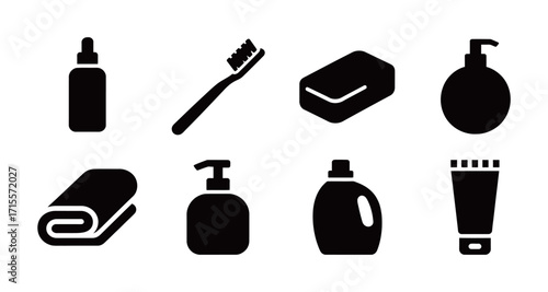 Set of various personal hygiene and bathroom items silhouettes, including toothbrush, soap, and shampoo. Black and white vector illustrations.