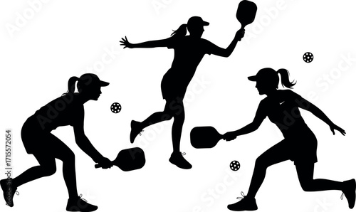 Dynamic pickleball action silhouette trio dynamic sport motion women athlete play competitive match graphic illustration vector