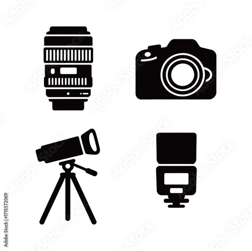 Set of various photography and camera equipment silhouettes, including a camera, lens, and flash. Black and white vector icons isolated on a white background.