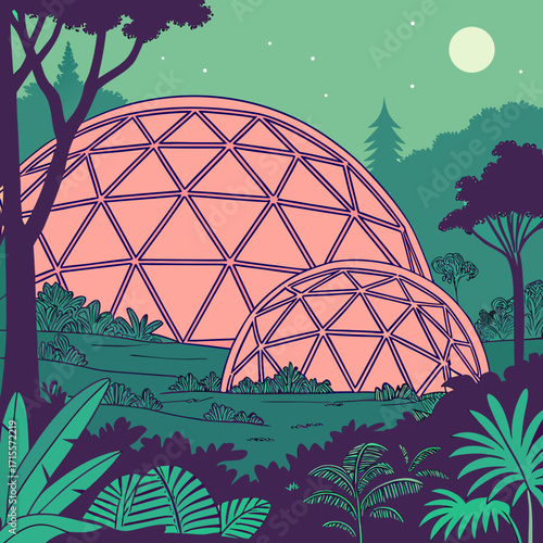Vector art of geodesic dome structures nestled in a lush forest, symbolizing sustainable architecture and environmental harmony, with a serene and artistic design aesthetic