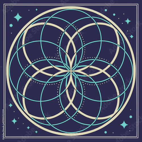 Vector art of geometric flower of life pattern with stars on a dark blue background, creating a mystical and celestial design, perfect for spiritual or artistic projects