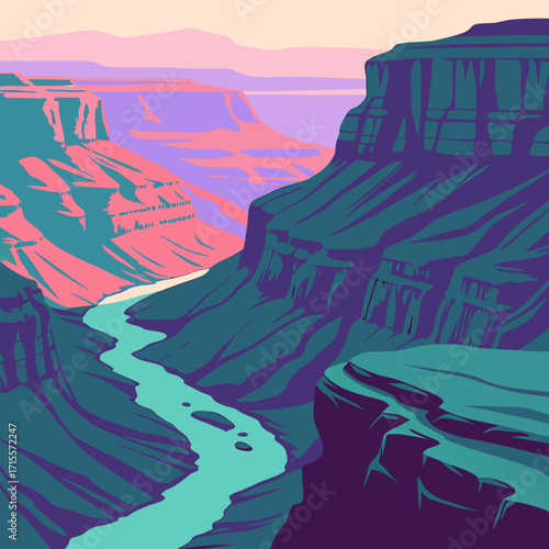 Vector art of grand canyon landscape with colorado river flowing through the canyon, mountains in the distance, and a pink and purple sky, a vector illustration in a flat style