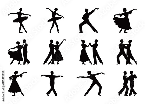 Set of various male and female dancer silhouettes performing ballet and ballroom dance. Black and white vector icons isolated on a white background.