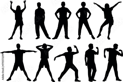 Dynamic human silhouettes diverse poses fitness health exercise action activity workout movement energy joy celebration vector