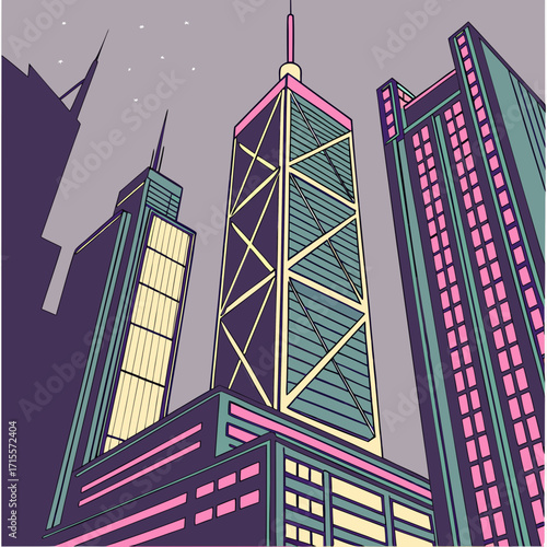 Vector art of looking up at hong kongs towering skyscrapers with unique architectural designs, creating a dynamic urban landscape illustration with a retro and artistic style