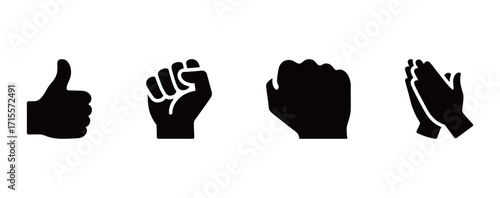 Set of various hand gesture silhouettes, including a thumbs-up and a fist. Black and white vector illustrations.