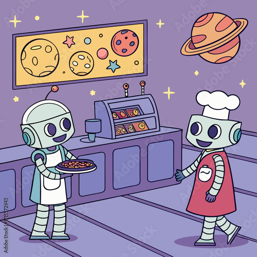 Vector art of robots in a space bakery, one serving pizza and the other dressed as a chef, with planets on the wall, creating a unique and whimsical culinary experience