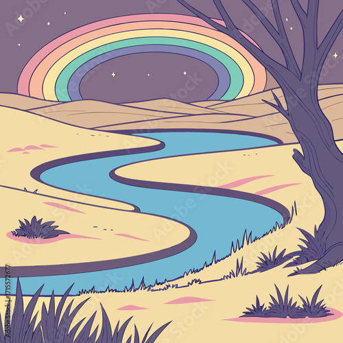 Vector art of surreal desert landscape illustration with a rainbow arching over a winding river at night, blending fantasy and nature in a dreamlike and whimsical composition