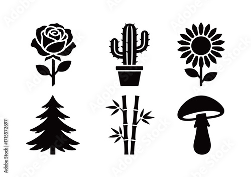 Set of various plant and tree silhouettes, including a rose, cactus, and fir tree. Black and white vector icons isolated on a white background.