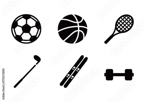 Set of various sports equipment silhouettes, including a soccer ball, basketball, and tennis racket. Black and white vector icons isolated on a white background.